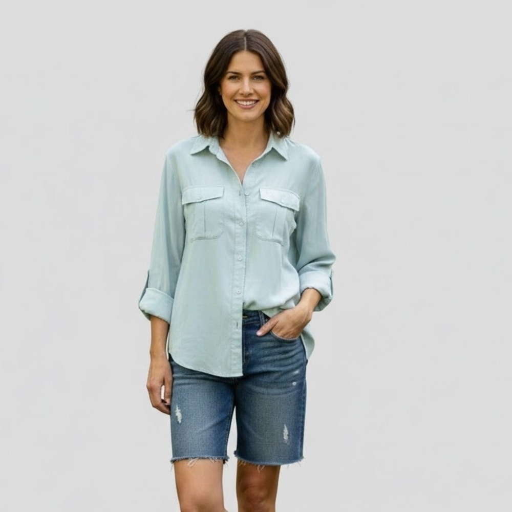 Chicos Teal‎ Roll Tab Sleeve Double breasted Pockets Button Down Shirt Size 0